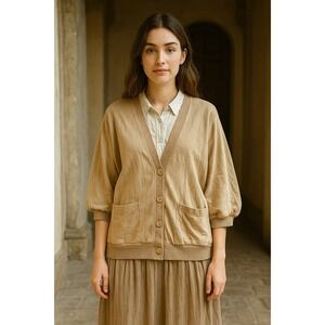 Vintage‎ SENECA Top Beige Knit V Neck Button Front Short Sleeve Pockets Size 5/6